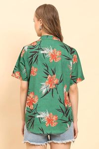 Camiseta informal con estampado tropical y cuello en V para mujer, camisa de manga corta con botones, top de playa suave y ligero - Product Image 3
