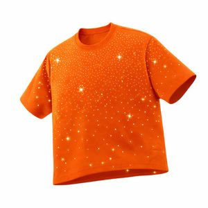 Camiseta Personalizada Naranja con Pedrería Completa para Hombre, 100% Algodón, Estilo Urbano Oversize, Camiseta de Manga Corta con Cuello Redondo y Cristales Brillantes, OEM ODM - Product Image 1
