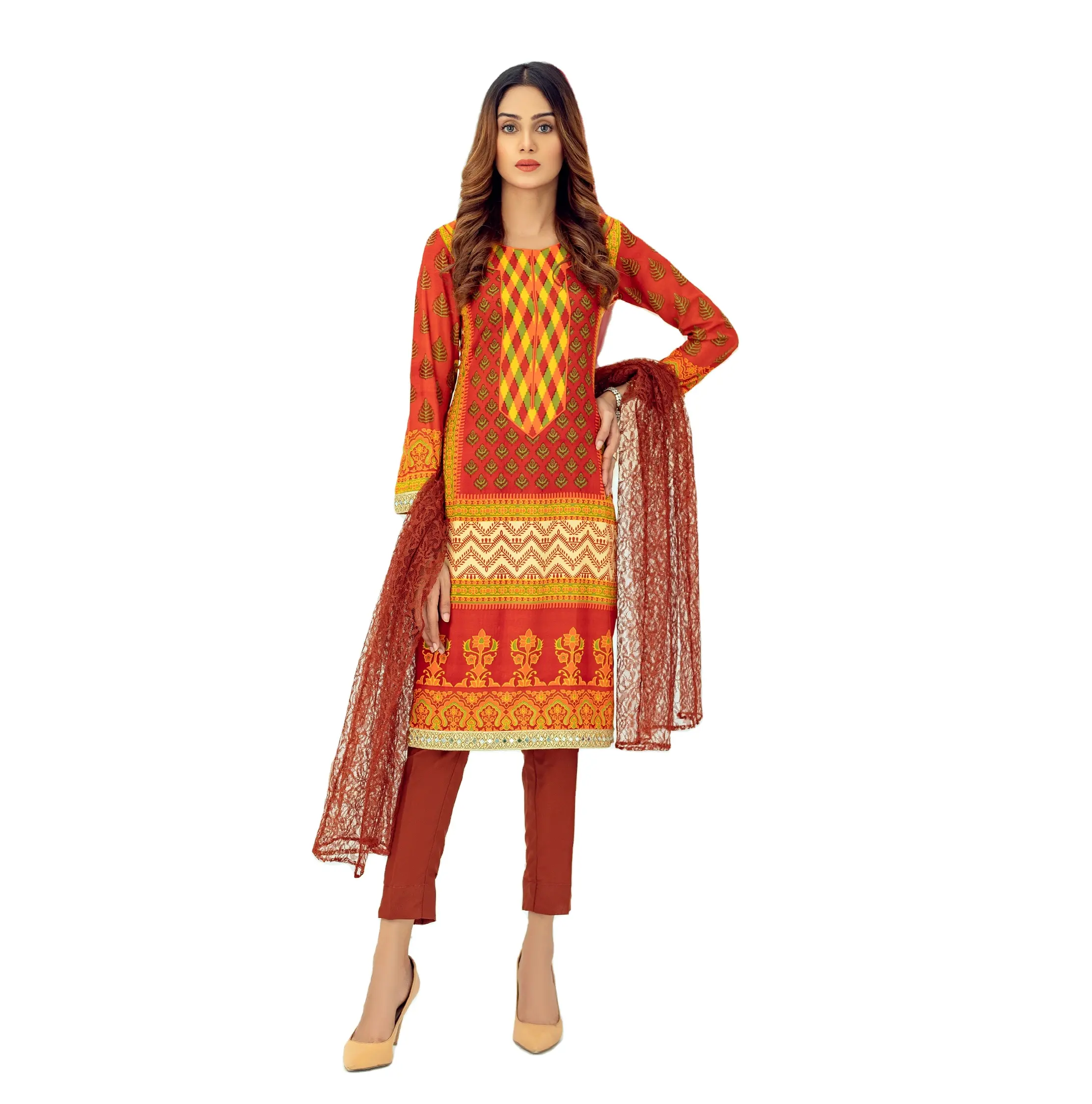 Pakistan Fashion Setelan Rumput Wanita Terbaru Walet Kameez Kemeja Bordir Celana Dupatta Tanpa Jahitan Formal Salwar Kameez Setelan