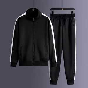 <b>Men</b> Track <b>Jacket</b> With <b>White</b> Stripes Full Sleeve Zipper Stand Collar Sporty Autumn Wear Black Pants Set Solid Color Breathable - Product Image 4