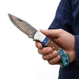Navaja de bolsillo plegable hecha a mano con hoja de acero de Damasco y cobre, punta de cuchillo tipo Drop Point de 6.5 pulgadas, mango de madera con funda de cuero, cuchillo para exteriores. - Product Image 6