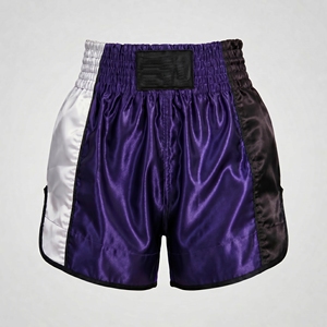 Custom Purple <b>Men</b> Muay Thai Shorts Tri Color Panel Kickboxing <b>Trunks</b> Wholesale Custom Logo Satin MMA Fighting Shorts - Product Image 1