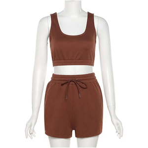Ensemble deux pièces décontracté pour femme : débardeur court et short de sport à cordon, 100 % coton, longueur genou, idéal pour l'été - Product Image 2