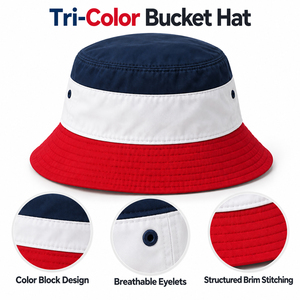 Chapeau Bob Unisexe à Blocs de Couleurs Rouge Blanc Bleu Marine en Toile de Coton Décontracté Printemps-Été Adulte Logo Personnalisé Broderie 3D de Haute Qualité - Product Image 5