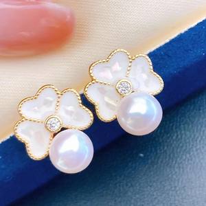 Boucles d'oreilles pendantes pour femme, motif trèfle à quatre feuilles et perle d'eau douce avec perles Mantou, 6-7 pouces, design Zhuji - Product Image 4