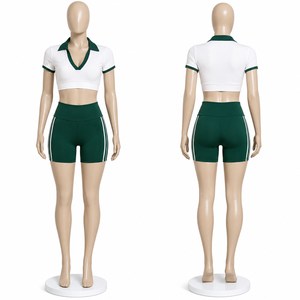 Women Tennis <b>Yoga</b> <b>Set</b> Polo Crop Top High Waist Biker Shorts Fitness Gym Activewear Sportswear <b>Set</b> - Product Image 5