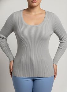 Suéter Gris con Cuello Redondo y Tejido Acanalado para Mujer, Top de Punto Elástico de Manga Larga - Product Image 1