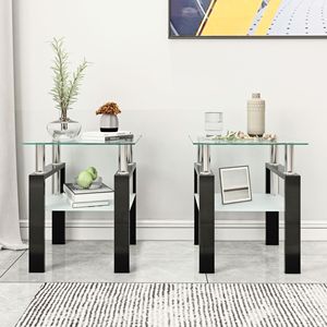 Set Moderno di 2 Tavolini da Caffè in Vetro Temperato, Tavolino Quadrato per Soggiorno, Trasparente/Nero - Product Image 2