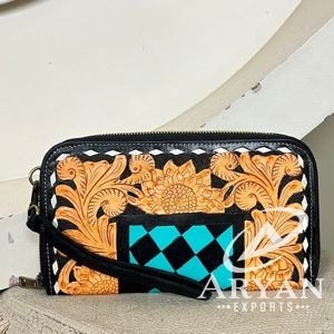 Porte-cartes vintage en cuir véritable, motif floral gravé à la main, pochettes à motif à carreaux orange et noir, portefeuilles multifonctionnels à fermeture éclair - Product Image 1