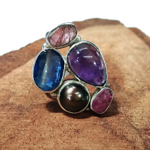 Bague Statement en Argent Sterling 925 avec Kyanite Bleue Naturelle, Améthyste, Tourmaline Rose et Pierres Précieuses Multiples, Bijou Fait Main Style Bohème - Product Image 3