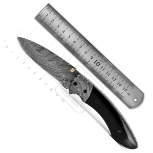 มีดพับเหล็กดามัสกัสทำมือ รุ่น DD-FK-567 ขายดี สำหรับกิจกรรมเอาตัวรอดกลางแจ้ง บุชคราฟท์ ตั้งแคมป์ ล่าสัตว์ ด้ามทำจากเขาควาย หนา 3 มม. - Product Image 6