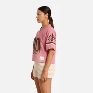 Wholesale Women's <b>Pink</b> Mesh Soccer Jersey V-Neck Sports <b>Top</b> Custom Number Heat-Transfer Printed Oversized Summer Streetwear - Product Image 3