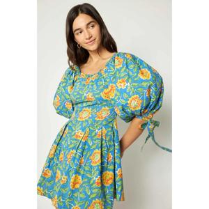 Robe longue décontractée d'été pour femme, imprimé floral, manches bouffantes, style bohème, col rond, coupe ample, 100 % coton naturel lavable - Product Image 1