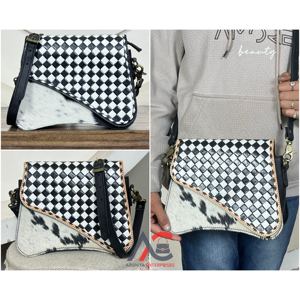 Elegent Designer Hand Tooled Cowhide Leather Crossbody <b>Bag</b> Checkered Flap Purse Western Shoulder <b>Bag</b> OEM Wholesale Custom - Product Image 1