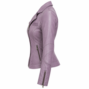 Veste de motard sur mesure pour femme en cuir véritable doux, couleur lilas lavande, avec fermeture éclair oblique, col à revers, coupe ajustée, manteau d'extérieur - Product Image 4