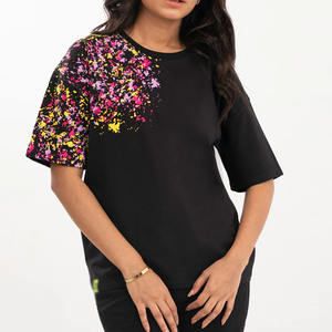 T-shirts à manches courtes pour femmes, col rond, mélange coton/polyester, écologiques et respirants, motif imprimé, fabriqués au Pakistan - Product Image 1