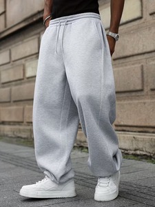 Pantalon de survêtement en coton gris clair pour homme, couleur unie, coupe ample, taille à cordon, longueur intégrale, poches latérales, pantalon décontracté d'automne - Product Image 1