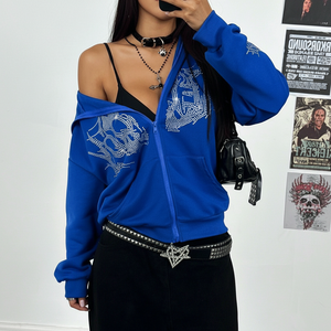 Sweat-shirt pour femme bleu marine orné de strass anglais, style streetwear - Product Image 1