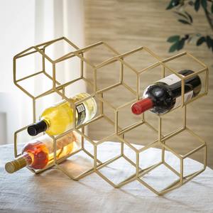 Porte-bouteilles en métal doré en forme de nid d'abeille, support de rangement pour 11 bouteilles, présentoir à vin géométrique hexagonal moderne - Product Image 2