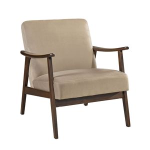 Fauteuil d'appoint Mid-Century Modern 1 pièce, revêtement en velours marron clair, finition bois noyer foncé, mousse haute résilience, pour salon - Product Image 1