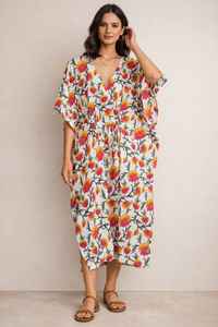 Robe kaftan en coton rose et jaune imprimée à la main, vêtement d'été léger - Product Image 4