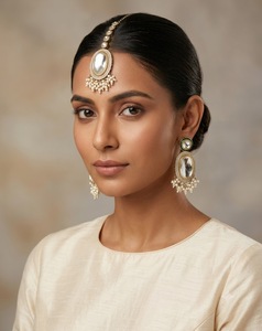 Ensemble de bijoux de mariée indiens plaqué or antique, avec boucles d'oreilles ethniques de luxe en zircon cubique et perles, et ensemble Tika, pour femmes, fabricants - Product Image 6