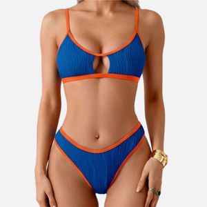 Mawra new Women Blue Orange Trim <b>Bikini</b> <b>Set</b> 2 Piece Plunge Neck Hollow Out Stretch Swimwear Hipster Bottoms For Women - Product Image 1