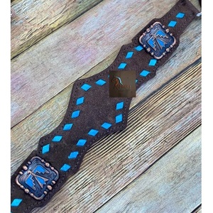 Conjunto de Collarín y Riendas para Caballo Western, de Gamuza Marrón con Turquesa y Costuras Decorativas, Cuero con Conchos Cuadrados para Rodeo y Senderismo - Product Image 4
