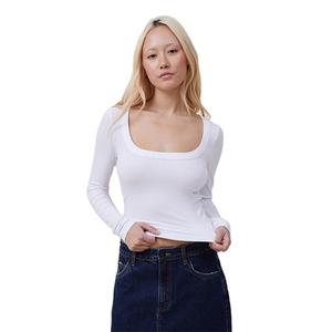 Top Corto de Punto para Mujer, Cuello Cuadrado, Manga Larga, Ajustado, Elástico, Transpirable, Color Sólido, Primavera - Product Image 3