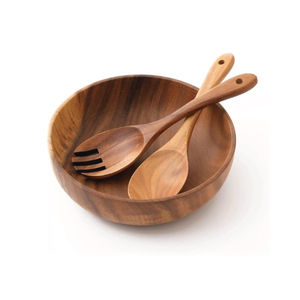 Ensemble de saladiers élégants en bois, grand saladier en bois avec fourchette et cuillère, saladier artisanal en bois pour fruits et salades. - Product Image 1
