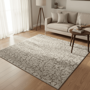 Alfombra de Seda y Lana Anudada a Mano con Diseño Desgastado, de Pelo Corto y Patrón de Espiral Neutro para Sala de Estar Moderna - Product Image 1