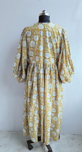 Vintage Yellow Floral Block Print Cotton Midi <b>Dress</b> with Puff Sleeves Tie-Neck <b>Loose</b> Fit Casual Summer <b>Dress</b> For Women - Product Image 6