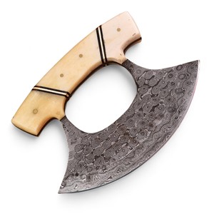 Couteau de chef Ulu en acier Damas de qualité industrielle, tranchant comme un rasoir, ambidextre, manche en os de chameau, gaine en cuir multi-usages, OEM - Product Image 1