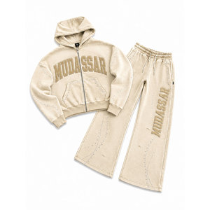Men Hooded Tracksuit <b>Set</b> 100% Cotton Acid Washed Embossed 450 Gsm Loose Fit Rhinestone Cropped <b>Joggers</b> Casual Wear - Product Image 6
