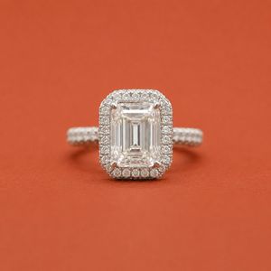 S925 <b>Silver</b> <b>Emerald</b> Cut Moissanite Halo Engagement Luxury Trendy Anniversary Party <b>Ring</b> - Product Image 1