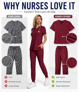 Ensemble de blouses médicales pour femmes, couleur bordeaux, manches courtes, col en V, coton et polyester, tricoté, uniforme d'hôpital pour les professionnels de la santé - Product Image 4