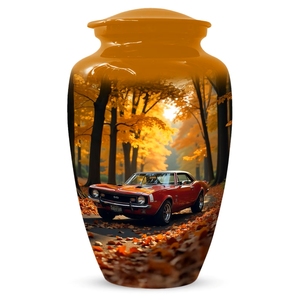 Urna Funeraria de Aluminio Sólido al por Mayor, Diseño de Coche Deportivo Rojo y Bosque Otoñal, Caja Decorativa para Cenizas - Product Image 1