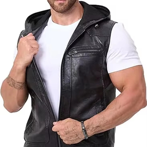 Gilet à capuche en cuir PU pour homme, style motard, coupe-vent, fermeture éclair, vêtement d'extérieur d'automne, couleur unie, coupe classique - Product Image 1