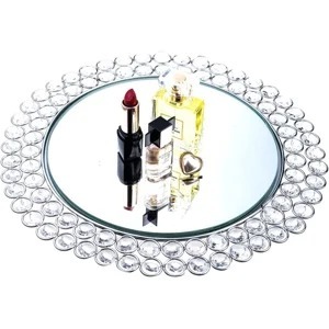 Round <b>Mirrored</b> Glass Storage <b>Tray</b> With Crystal Edge Modern Design Single Tier Table Use Jewelry Organizer - Product Image 3