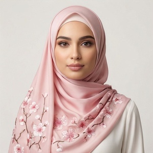 Pink <b>Chiffon</b> Hijab With Floral Embroidery Women's Daily Wear <b>Scarf</b> Islamic Ethnic Shawl - Product Image 1