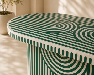 Table à manger ovale en bois massif rayée vert et blanc, style moderne géométrique, pour îlot de cuisine ou salle à manger - Product Image 2