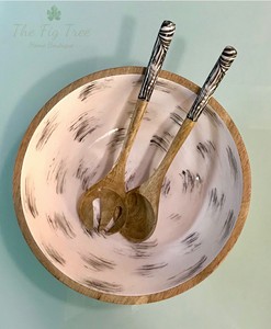 ชามไม้ทำมือ ทนทาน เป็นมิตรกับสิ่งแวดล้อม ลายเรขาคณิตสีน้ำเงิน พร้อมช้อนเสิร์ฟเข้าชุด สำหรับเสิร์ฟอาหารสไตล์อเมริกัน - Product Image 3