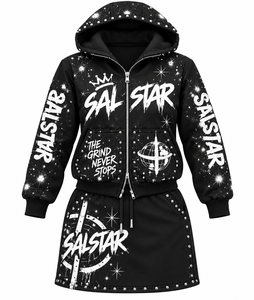 Women’s <b>Black</b> Rhinestone Hoodie <b>Skirt</b> Set Custom Graphic Pullover Hoodie & Mini <b>Skirt</b> 2-Piece Streetwear Tracksuit Set - Product Image 3