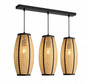Lámpara Colgante Moderna de Ratán, Forma Ovalada de Barril, 3 Luces, Marco Negro, E27 LED, para Comedor, Iluminación de Techo - Product Image 1