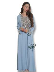 Awais House Women's Light Blue Embroidered Abaya Long Sleeve Floor Length Modest Dress Geometric Pattern Rayon Material - Product Image 1