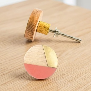 Scandinavian Round Wooden Cabinet Knob with Pink and Brass Accents for Kitchen Drawer Handle - Product Image 3
