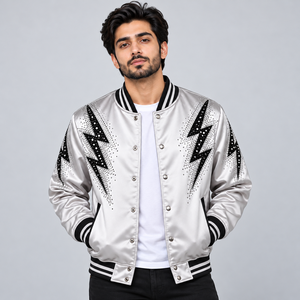 Chaqueta Varsity de Satén con Pedrería de Alta Calidad para Hombre, Chaqueta Bomber con Cristales y Puños Acanalados para un Estilo Casual - Product Image 1