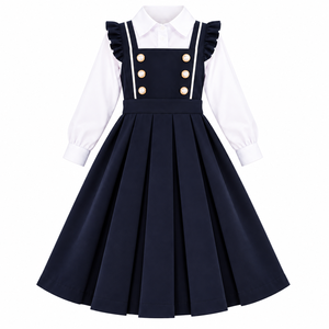 Conjunto de Uniforme Escolar para Niñas de Jardín de Infancia, Vestido Midi Plisado Azul Marino, Blusa con Volantes en los Hombros, Poliéster, Atuendo para Regreso a Clases - Product Image 4