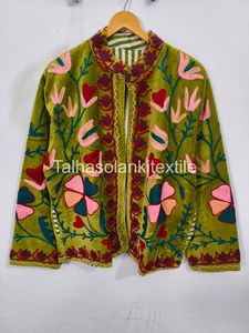 Indian Suzani Soft Velvet Mandarin Collar Jacket Full Sleeve Autumn <b>Women's</b> <b>Coat</b> Embroidered Floral Handmade Patterned Outerwear - Product Image 2