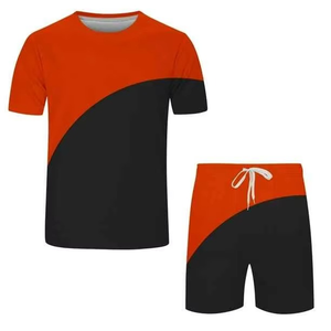 Conjunto de camiseta y pantalones cortos para hombre en bloques de color rojo, blanco y negro, atuendo informal y llamativo para el verano. - Product Image 6